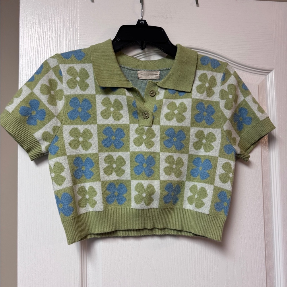 Altar'd State Olive and Sky Blue Checkered Crop Top